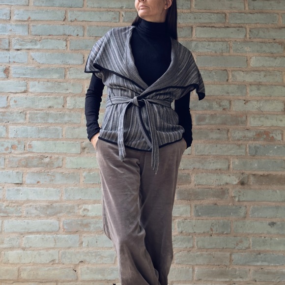 Dana Buchman Jacket Grey Herringbone Y2K Capelet Wide Collar Belt Tie Cardigan - Picture 3 of 14